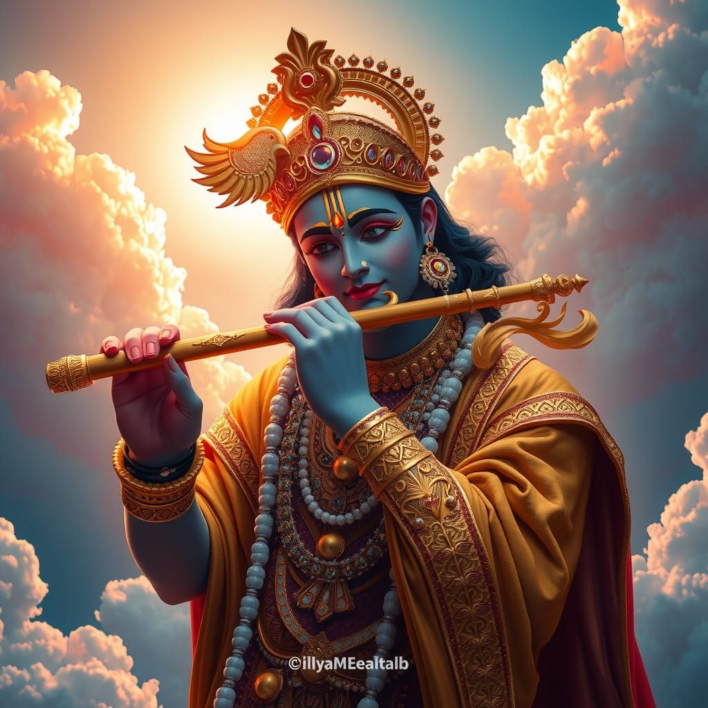 Krishna Playing Flute in Dreamlike Sunlight, Fantasy Art