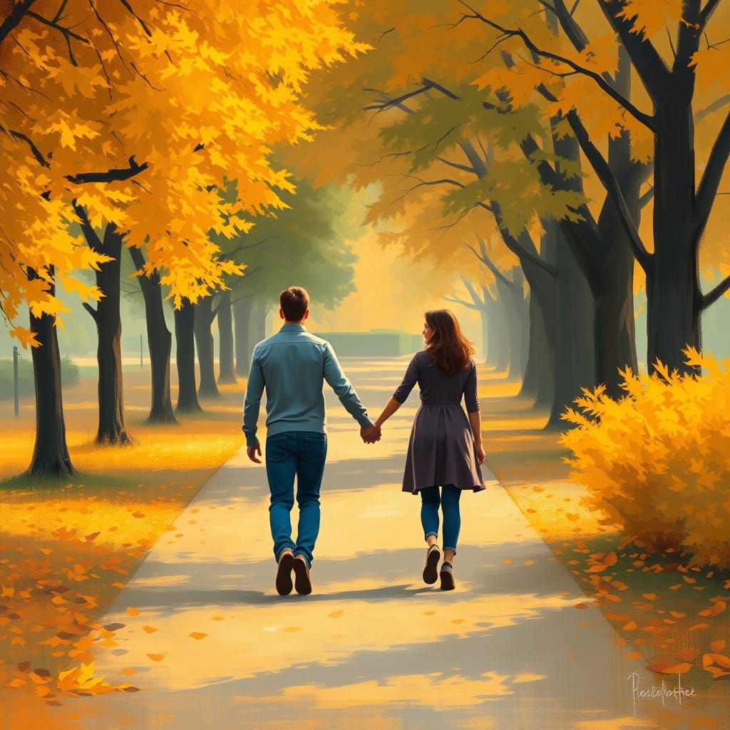 Impressionistic Couple Stroll Through Autumn Park