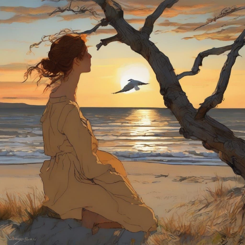 Girl at Sunset Beach: Inspired by Klimt and Schiele