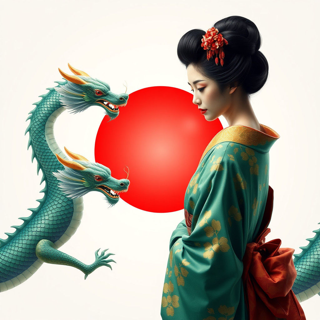Geisha and Dragons on White in Lacquer Art Style