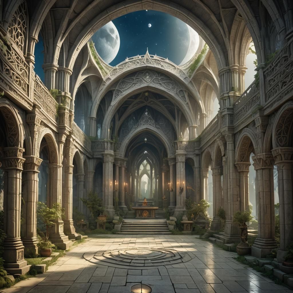 Elven Temple Interior: Illusion and Moonlight