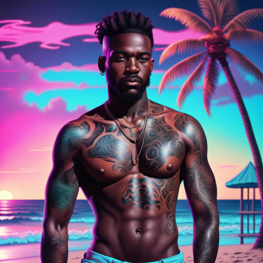 Tattooed Man on Beach in Synthwave Neon Style