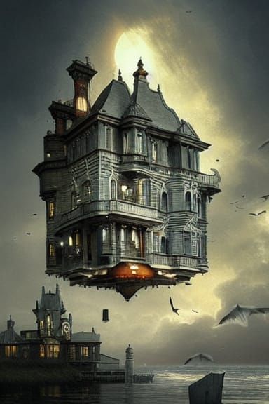 Floating Victorian House Swallowed by Bird, Detailed Paintin...
