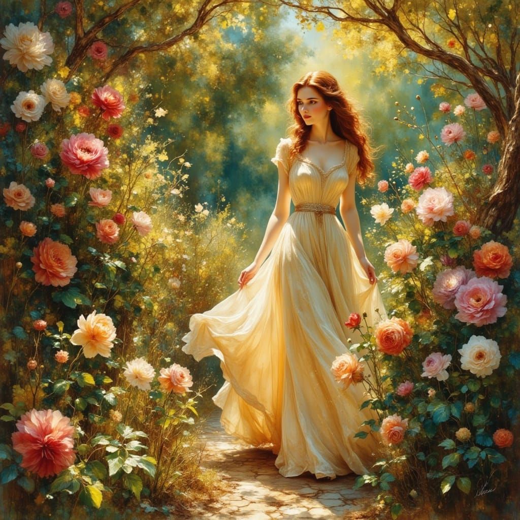 Elegant Woman in Sunlit Garden Oil Painting