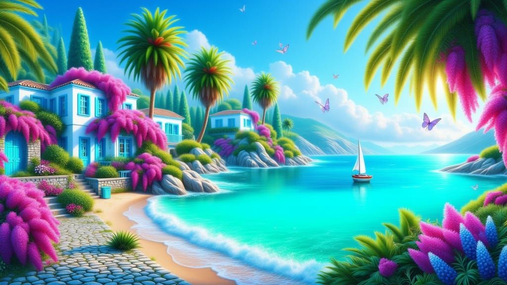 Abstract Turquoise Mediterranean Seascape with Bougainvillea