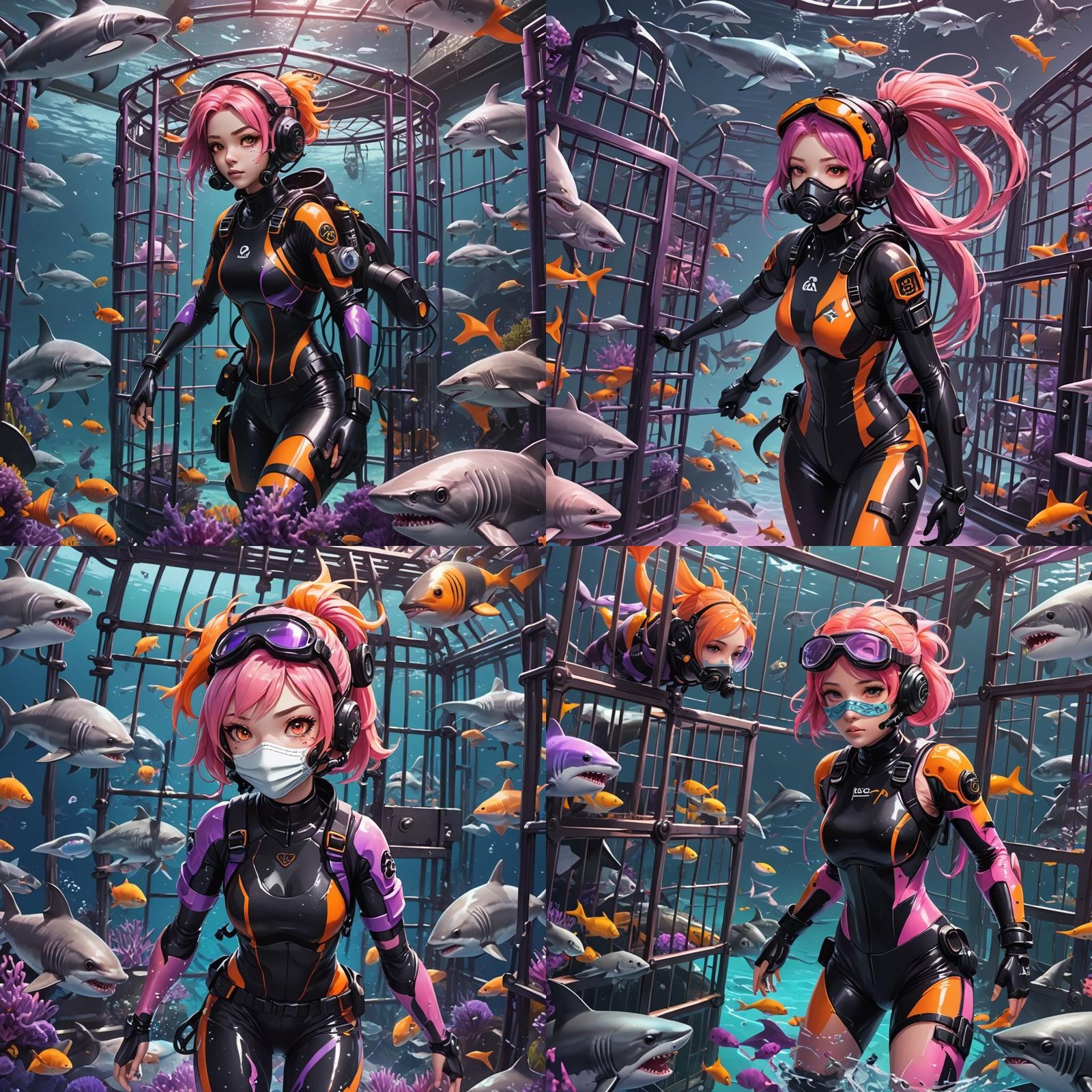 Anime Girl in Scuba Gear Surrounded by Sharks