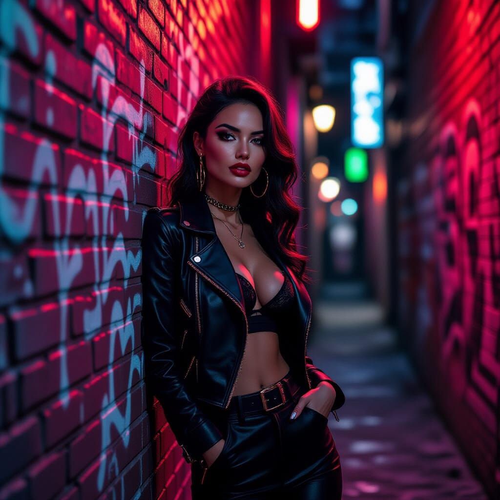 Pin-Up Girl in Neon Alleyway, Photorealism Ukiyo-e Fusion