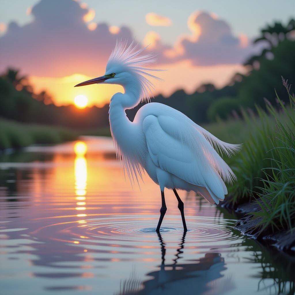 Elegant Egret Wades in River: Hyperrealistic Image