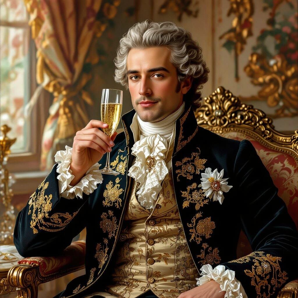 Rococo Gentleman Sipping Champagne in Ornate Setting