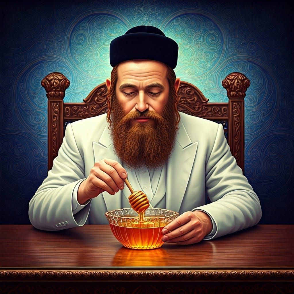 Ultra-Orthodox Jew Dipping Apple in Honey, Cosmic Illustrati...