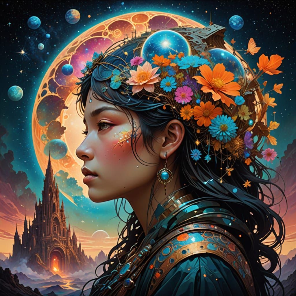 Cosmic Fusion: Warrior Queen in Maximalist Style