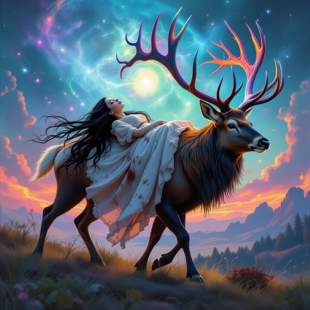 Stag Carries Woman Through Cosmic Dreamscape