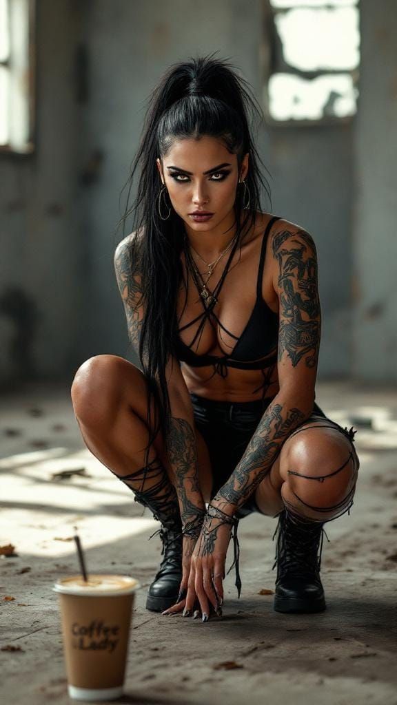 Fierce Tattooed Woman in Industrial Setting