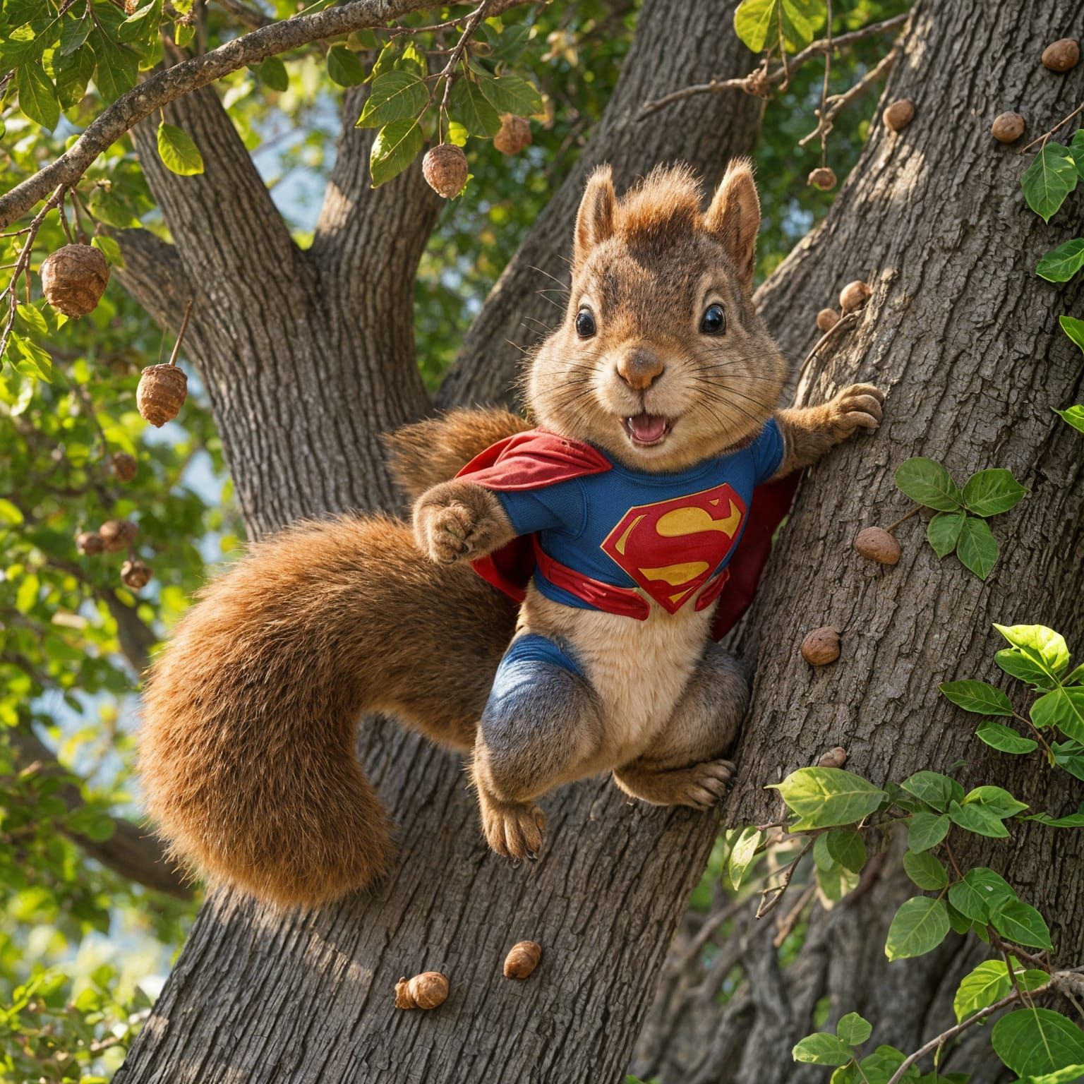 Superman Squirrel Climbing a Tree with Acorn