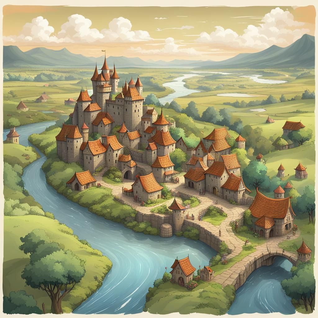 Fantasy Village Near Castle with River and Plains