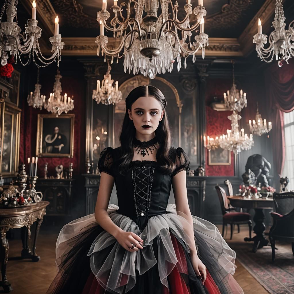 Wednesday Addams in Elegant Tulle Dress Portrait