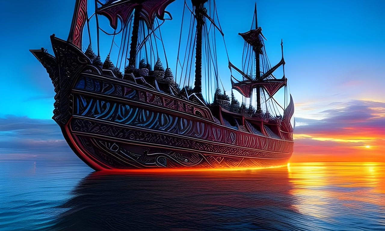 Viking Ship Sailing in Fantasy Sky, Hyperrealistic Photograp...