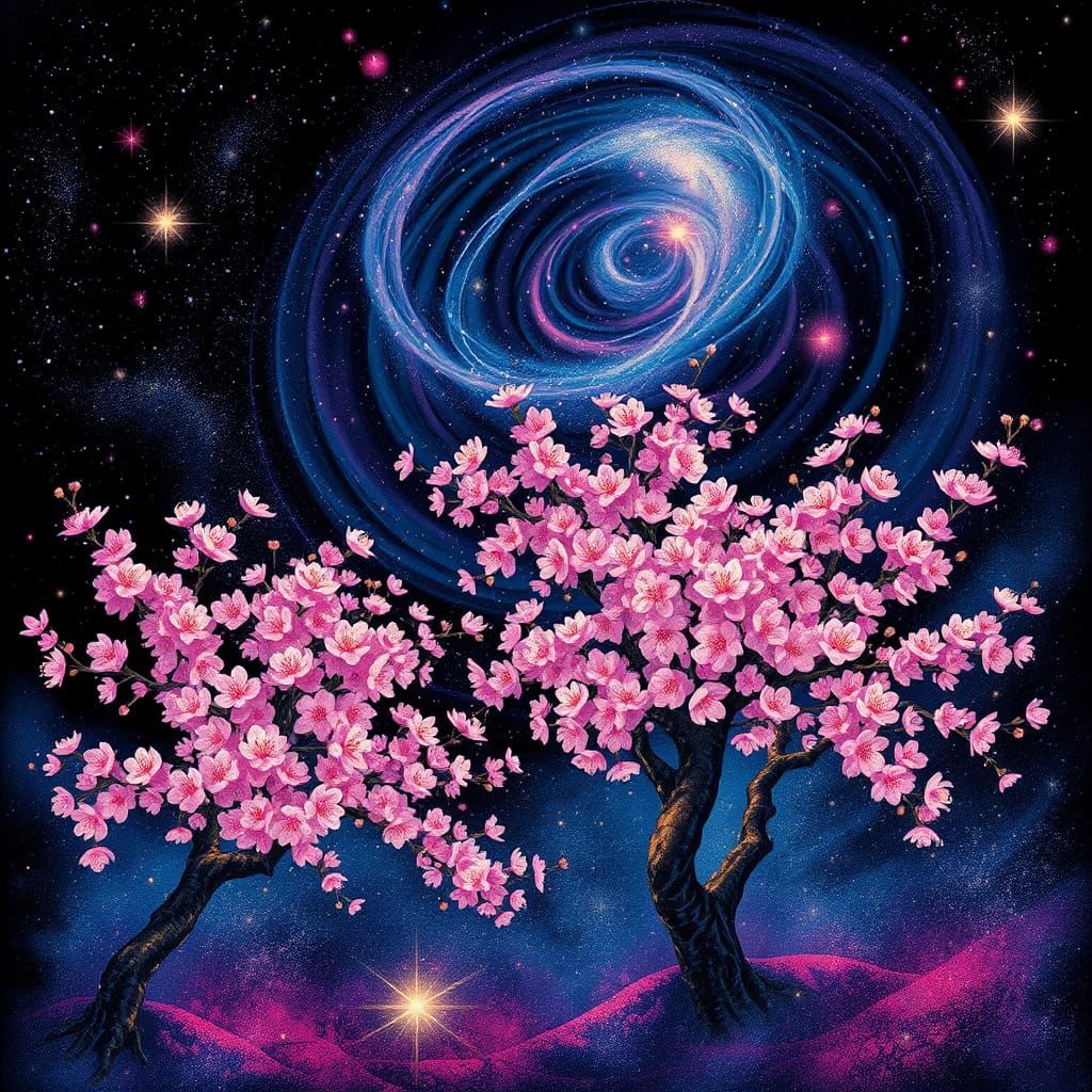 Galactic Cherry Blossom Forest in Cosmic Style