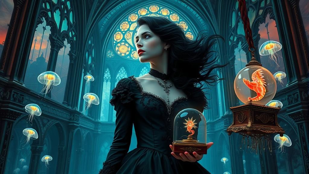 Victorian Woman in Neo-Gothic Underwater Cathedral