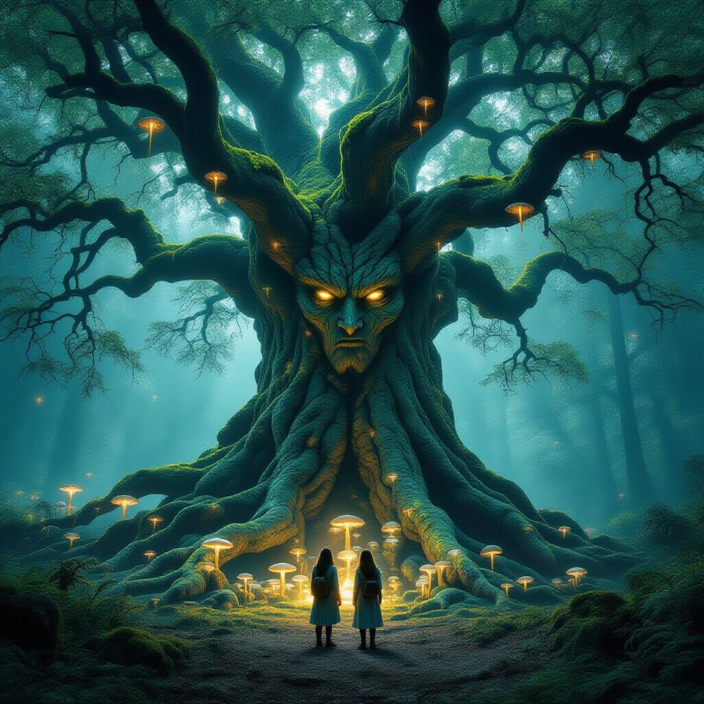 Ancient Tree Spirit Awakens in Ethereal Forest Clearing