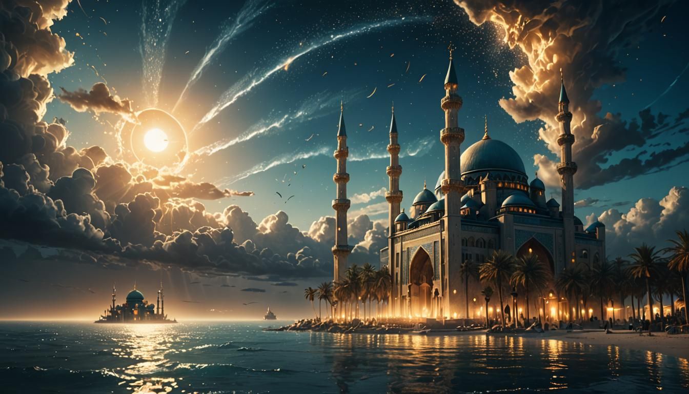A mosque stands solemnly under a dark sky, while a radiant l...