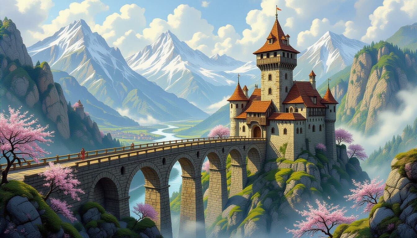 Medieval Castle Bridge on Mossy Mountain, Watercolor Fantasy