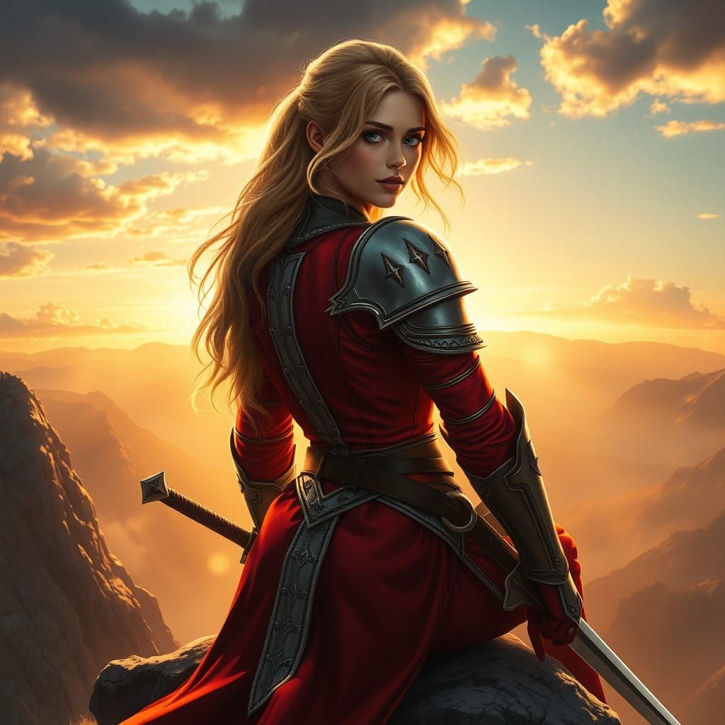 Fantasy Warrior Seeks Adventure Amidst Vibrant Sunset