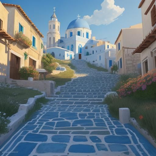 Greek Island Village in Golden Sunlight