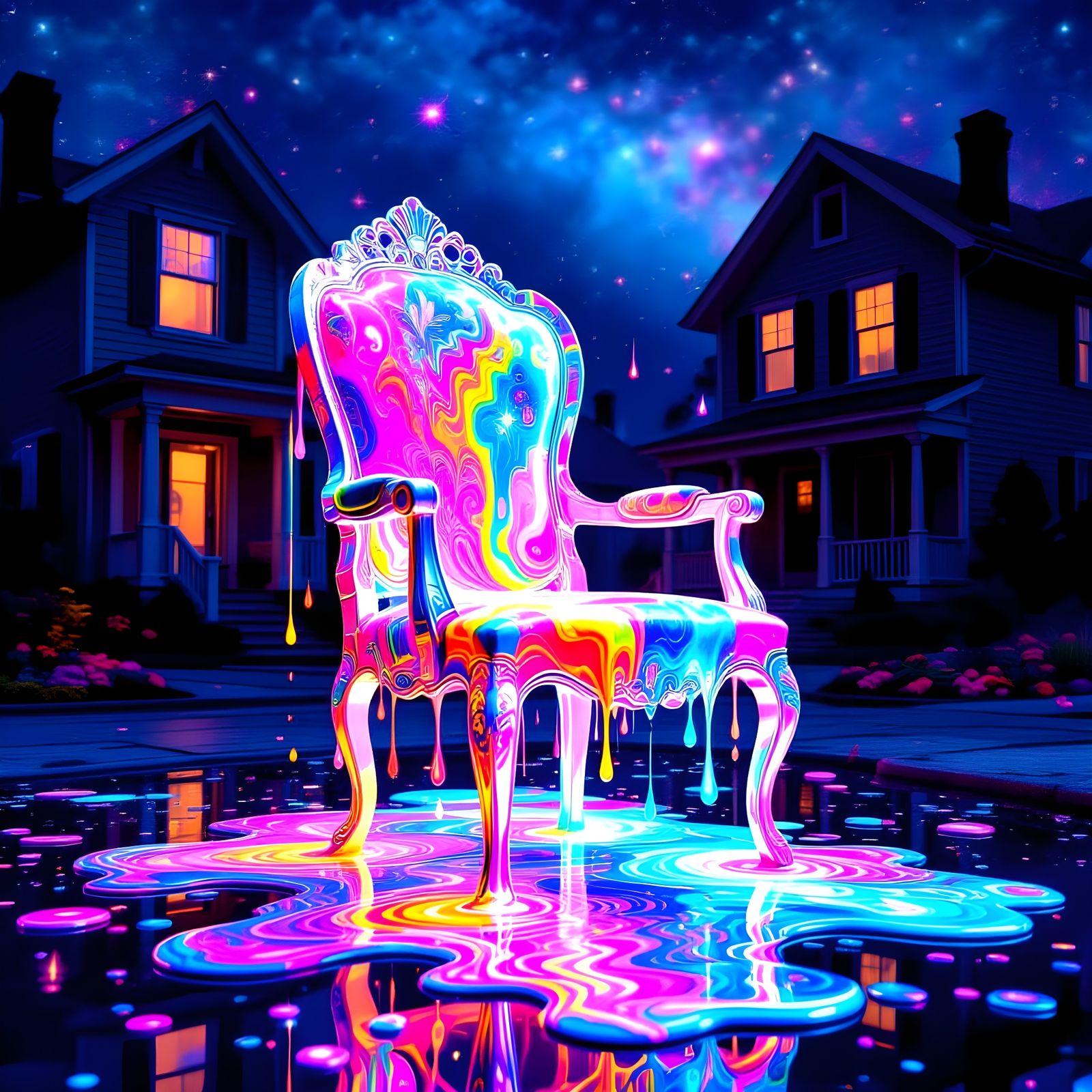Psychedelic Liquid Chair Dripping from Houses