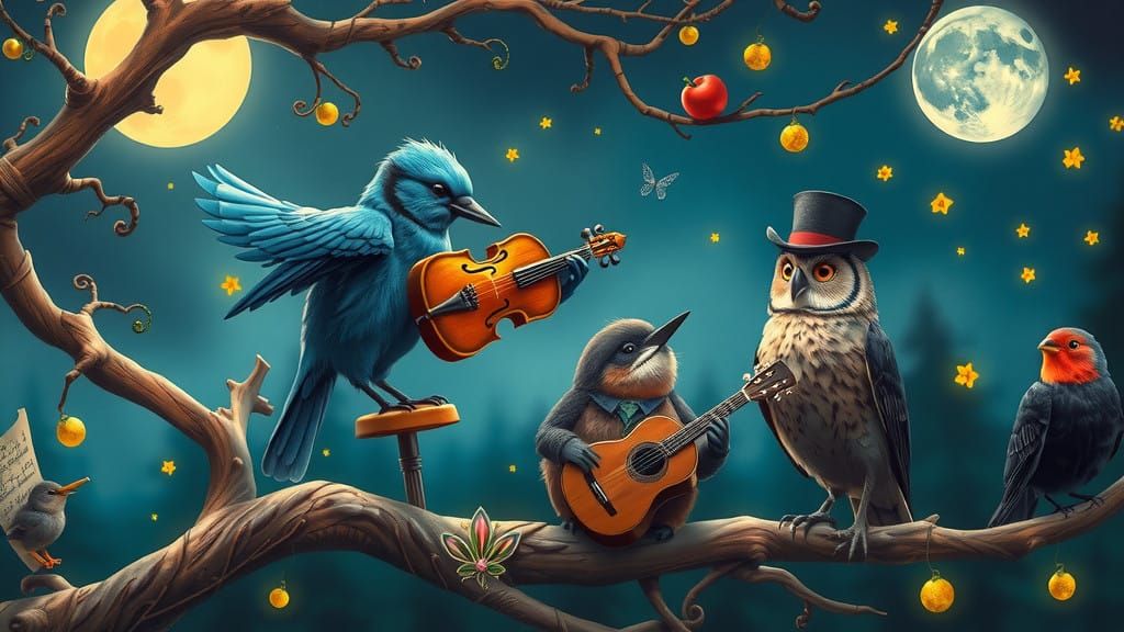 Whimsical Birds Play Instruments in a Dreamlike Scene