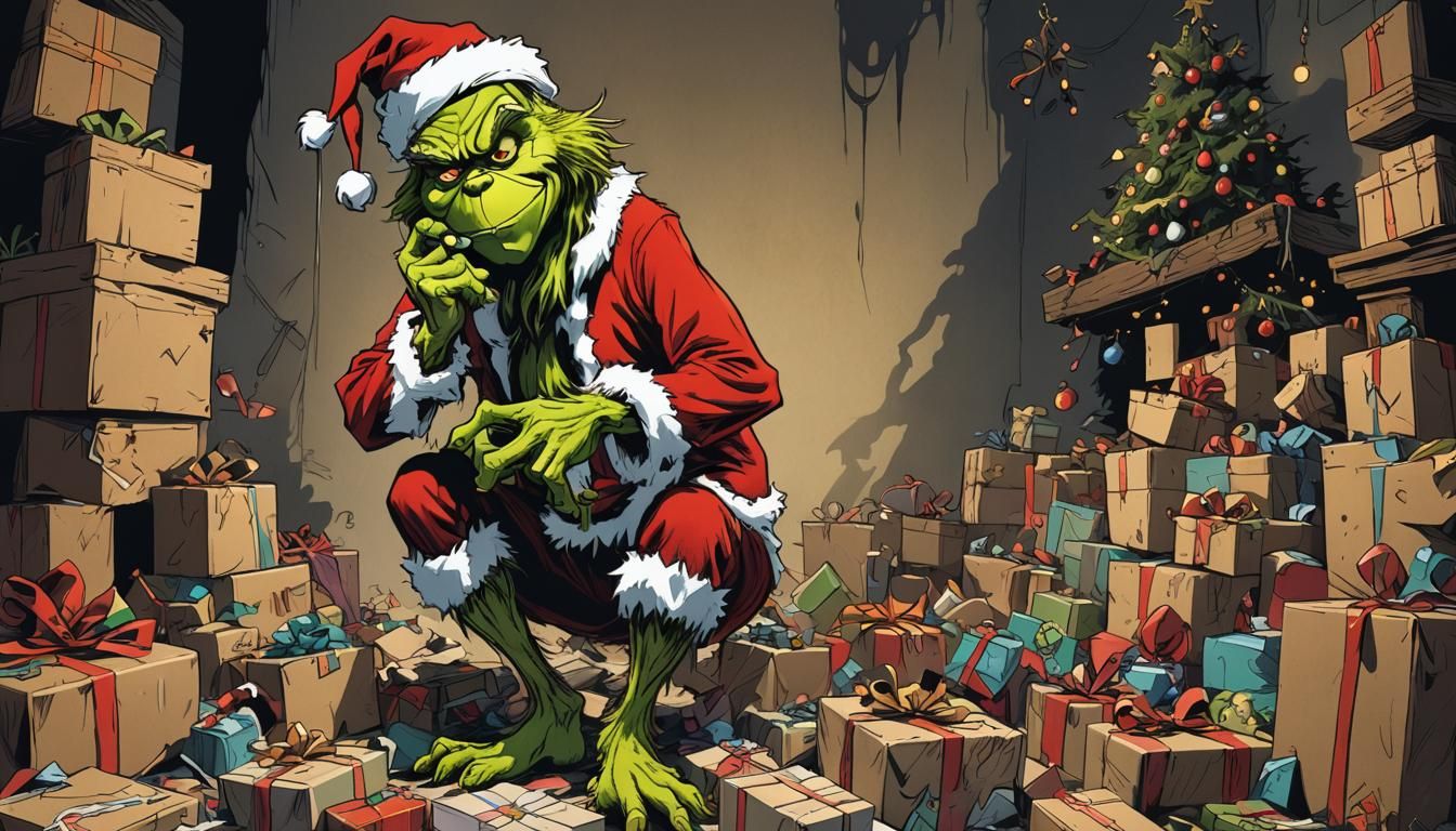 Grinch Stealing Presents in Whimsical Dark Art