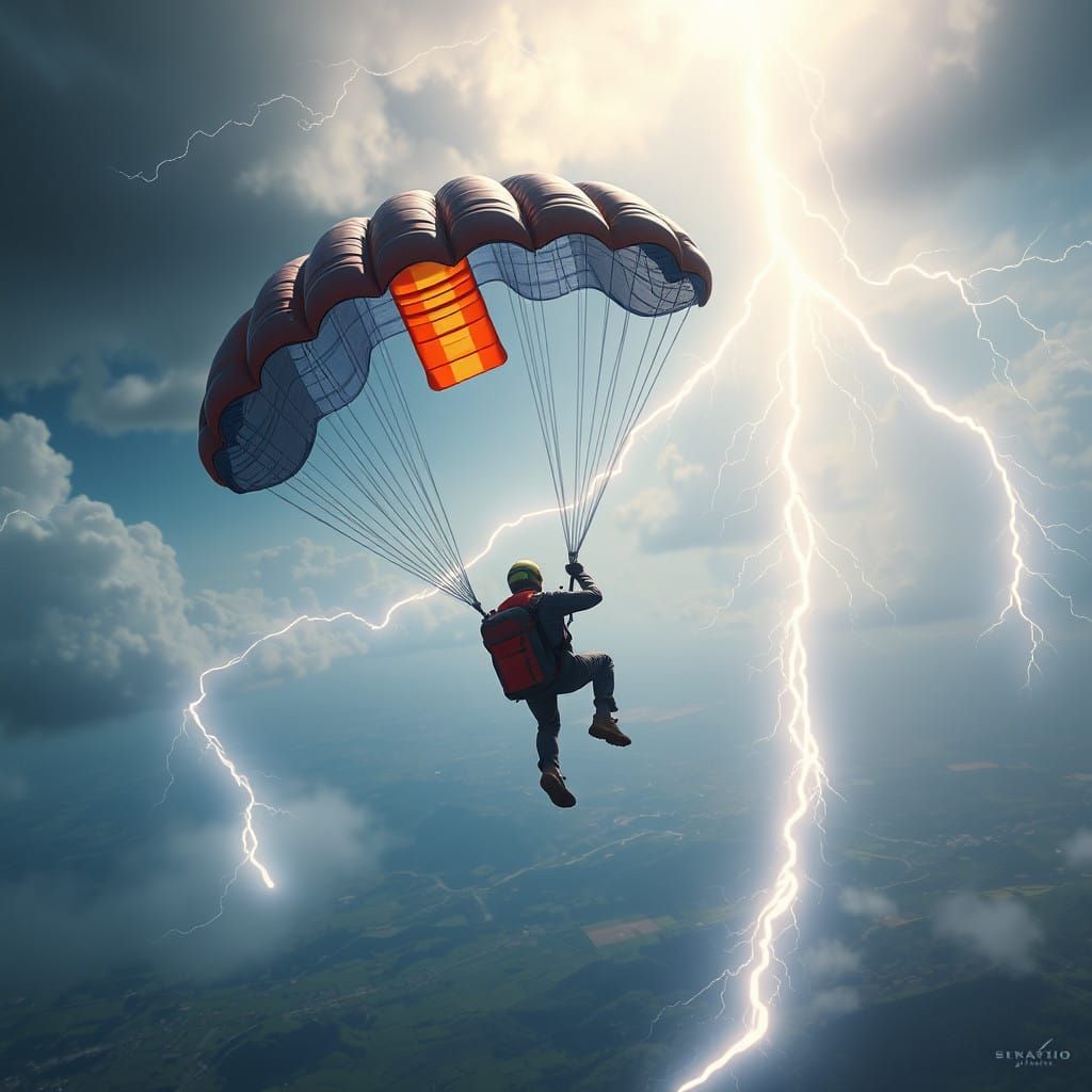 Surreal Parachutist Caught in Blazing Lightning Bolt