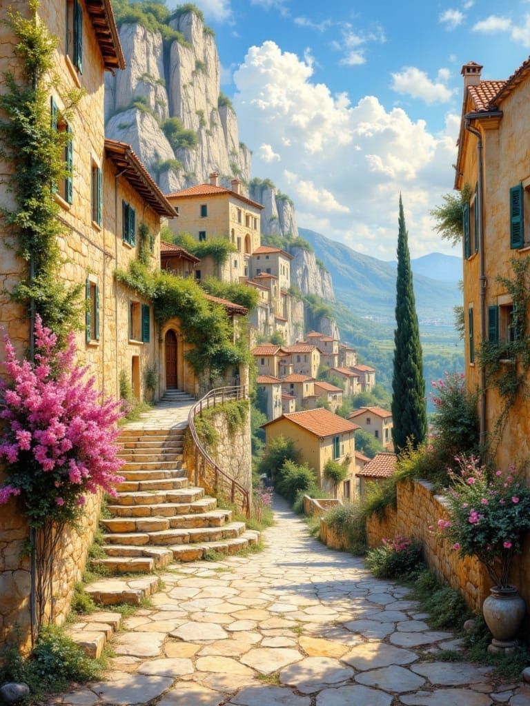 Medieval Village Oil Painting with Limestone Castle