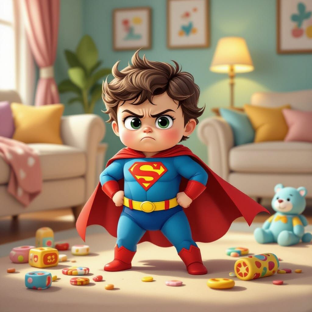 Defiant Superhero Toddler in Cartoon Style