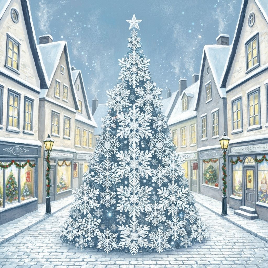 Neo-Impressionist Winter Village with Snowflake Christmas Tr...