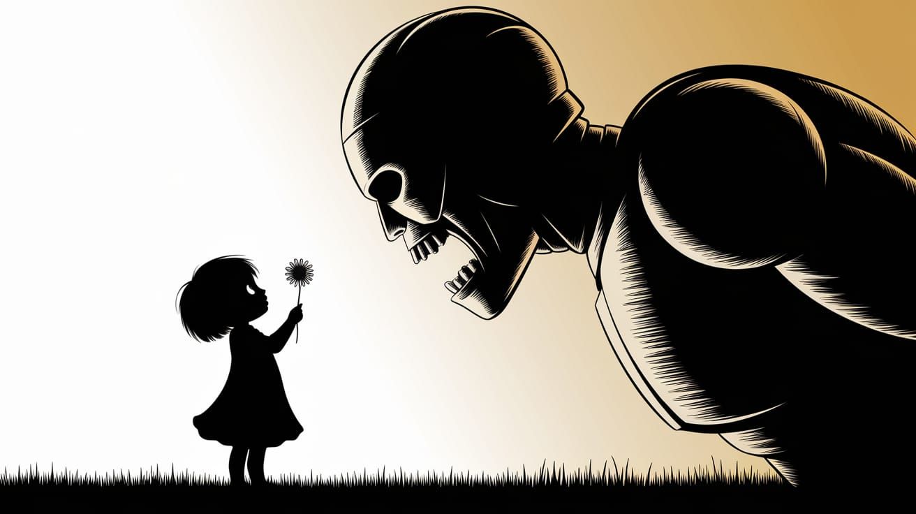 Girl in Horror Style Confronts Towering Robot in Golden Ligh...