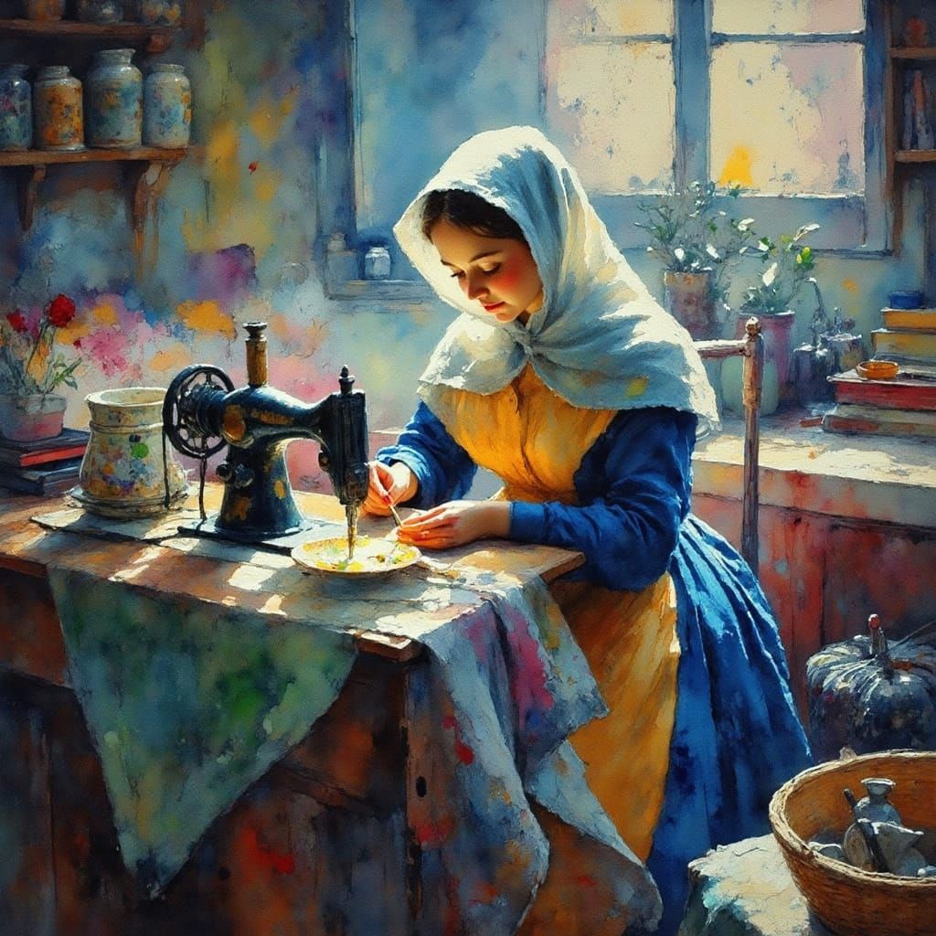 Woman Sewing in Warm Golden Light, 1900 Oil on Canvas Palett...