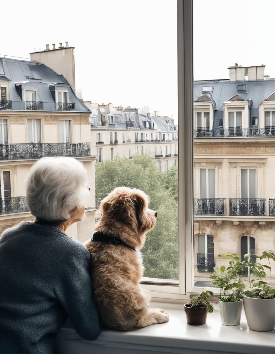 Retired woman and dog looking out window in Paris