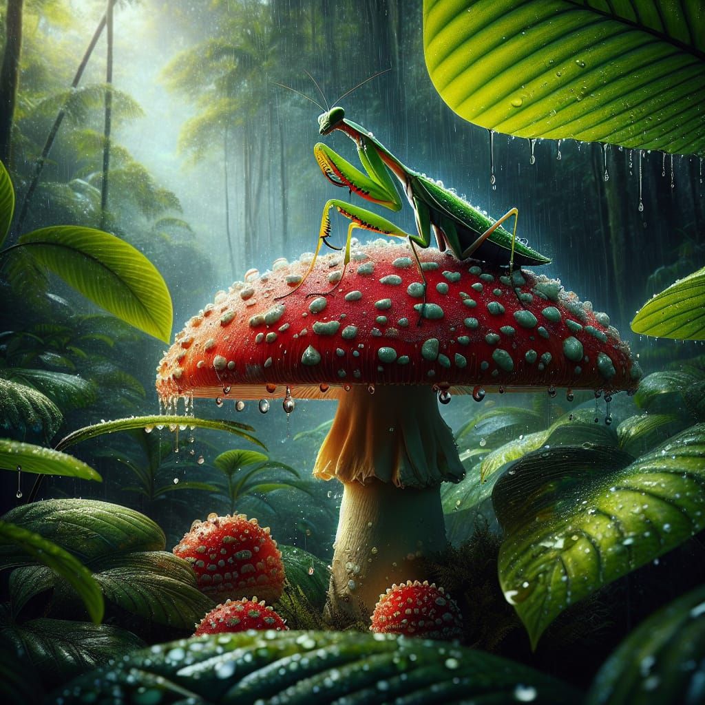 Praying Mantis in Jungle Rain: Digital Matte Painting
