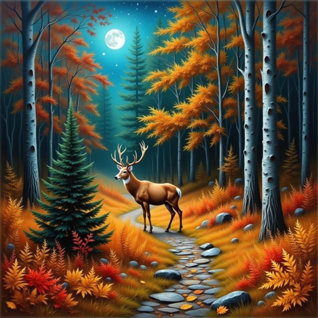 Autumn Deer Under Icy Moon in Symbolic Landscape