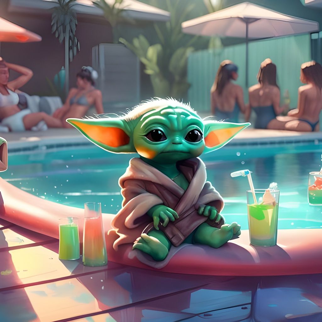 Baby Yoda's Pool Party in Watercolor Style