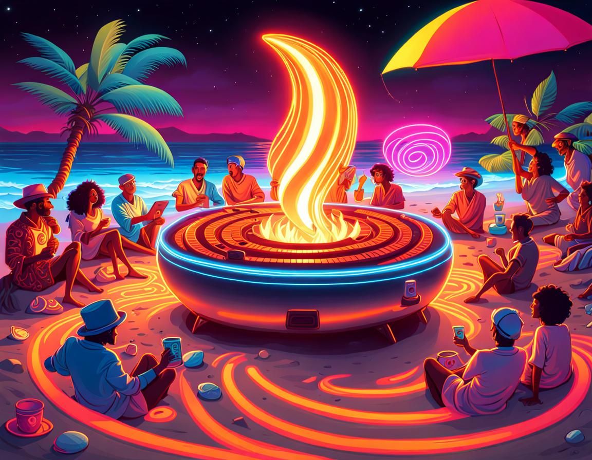 Neon Beach Party with Anthropomorphic Characters