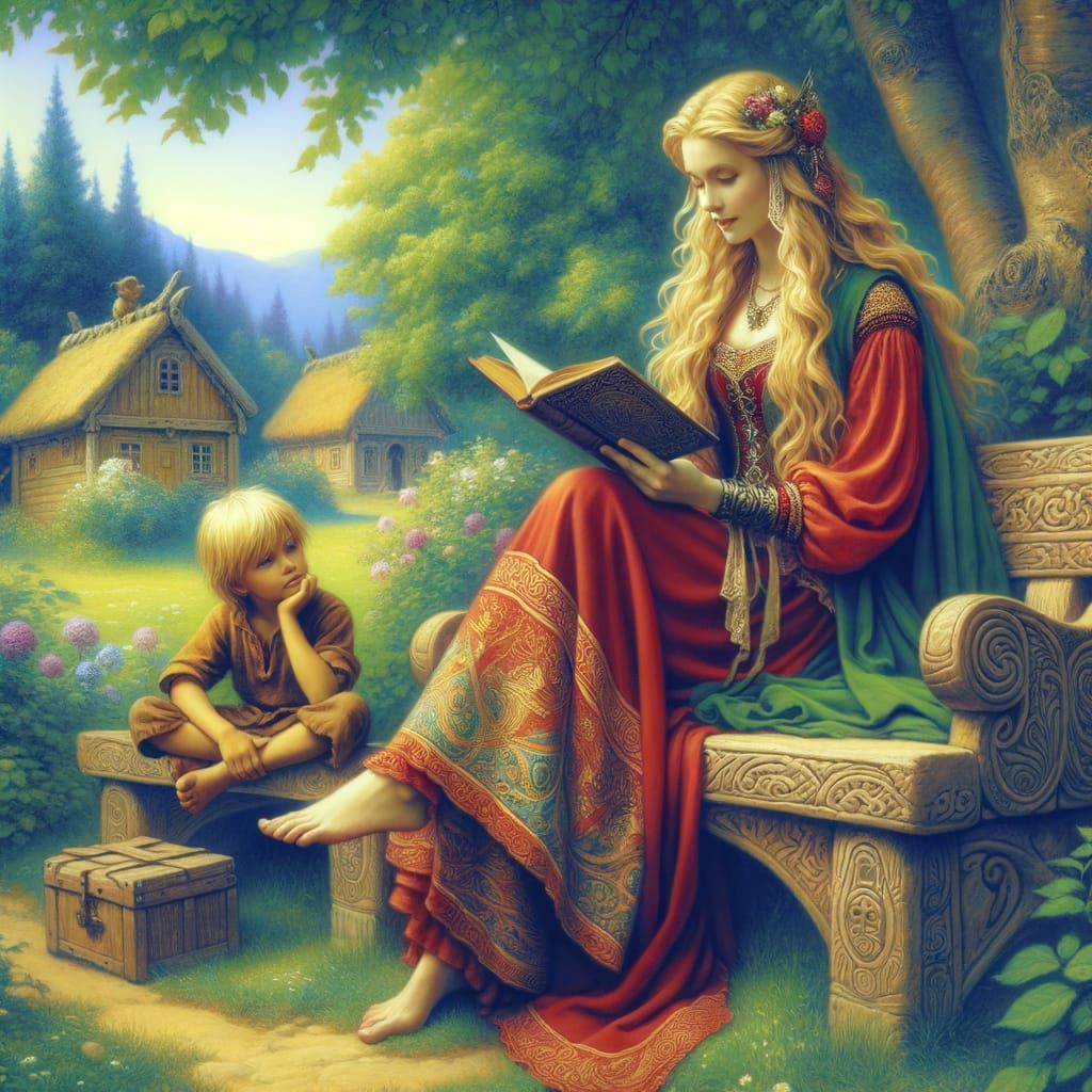 Norse Goddess Reads to Child in Dreamy Village Scene