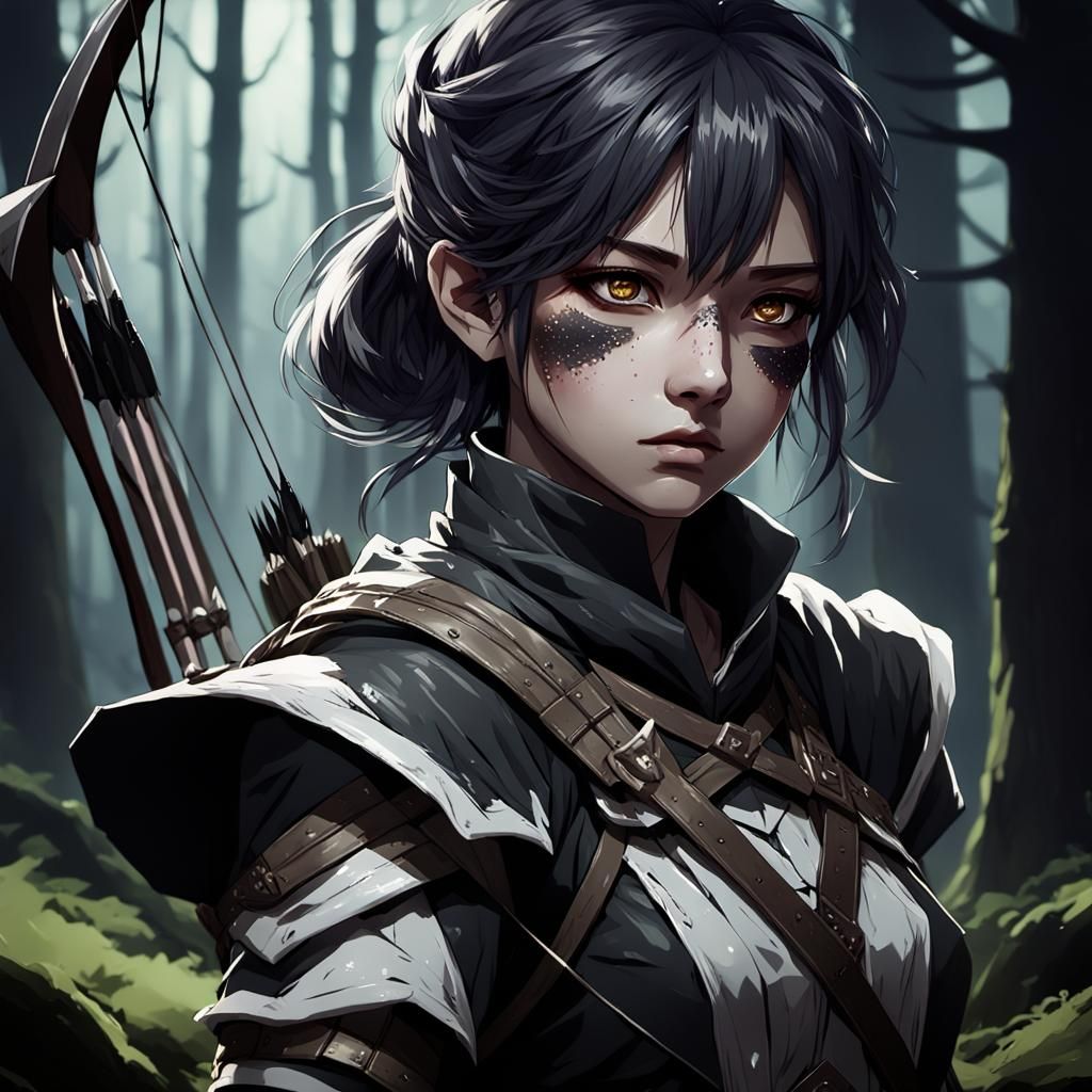 Anime Archer in Dark Forest: 3D Art Portrait