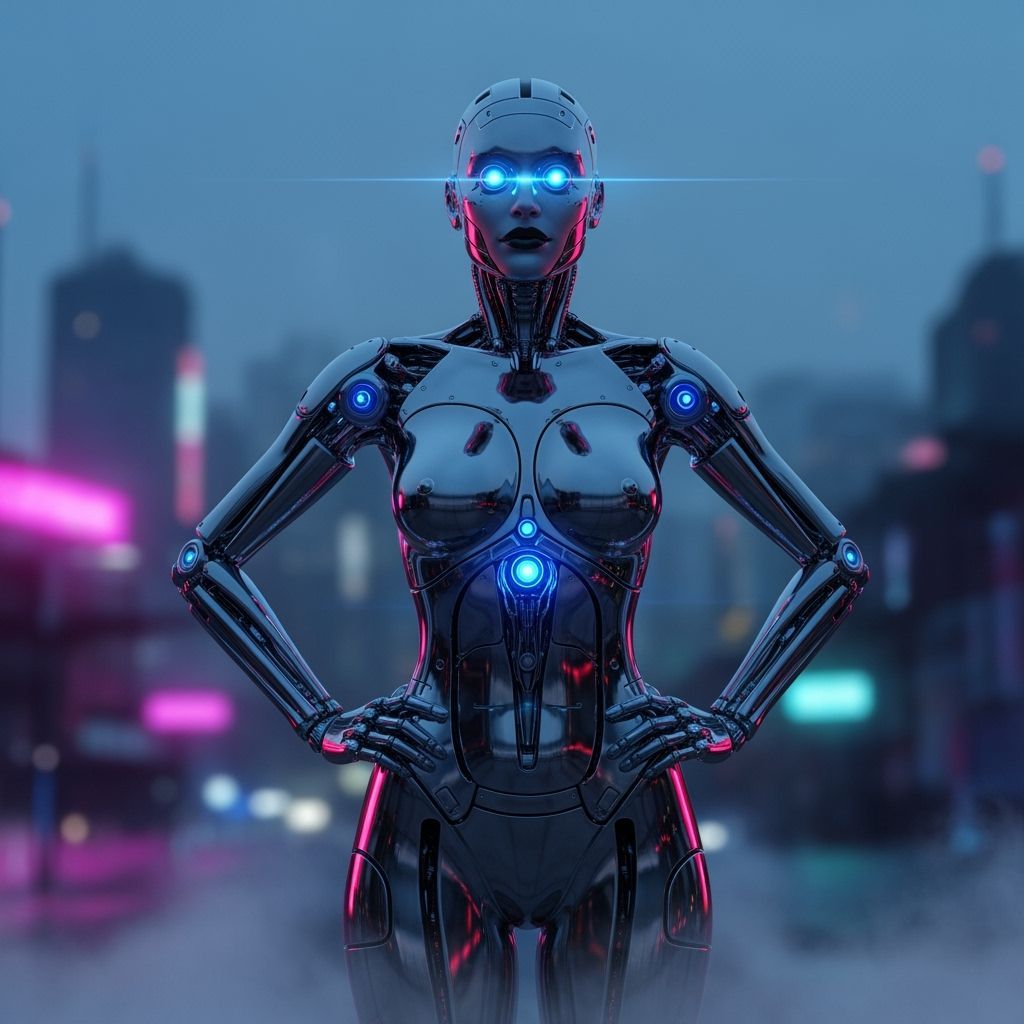 Android Woman in Cyberpunk Cityscape