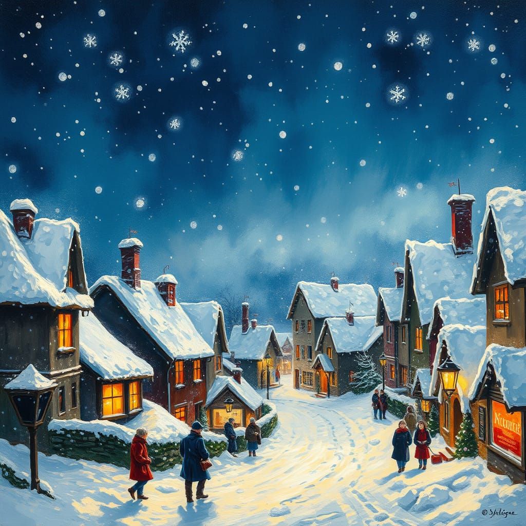 Winter Village Aglow Under Starry Christmas Eve Sky