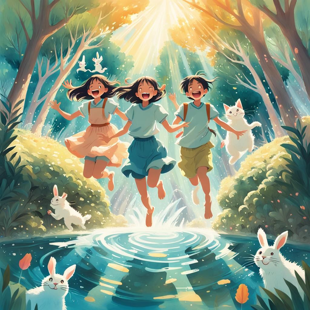 Laughing Children Play with Animals: Miyazaki-Inspired Fanta...