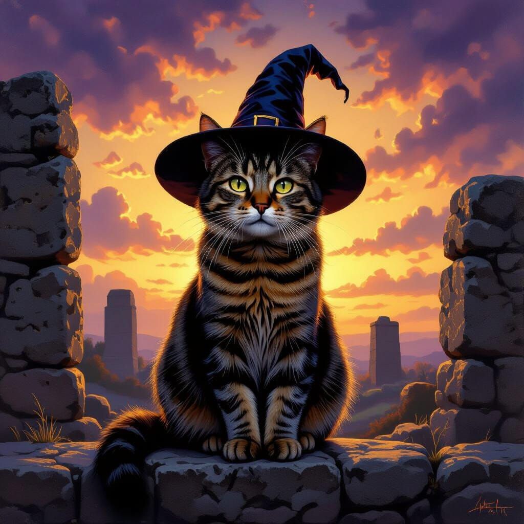 Tabby Cat in Witch Hat on Ruins, Maxfield Parrish Style