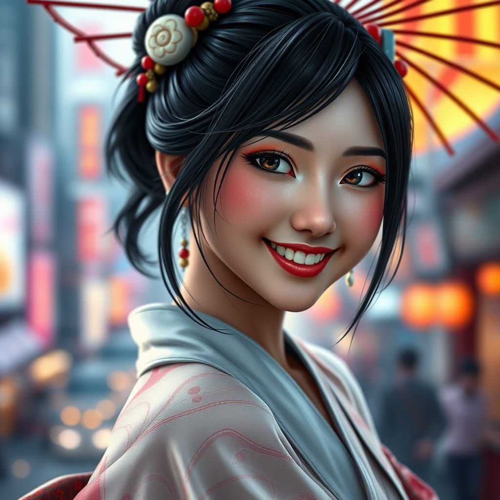 A portrait of  smiling Tifa Lockhart is a beautiful Geisha.