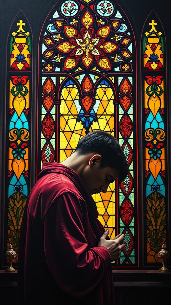 Man with His Head Bowed in Prayer in front of a Magnificent ...